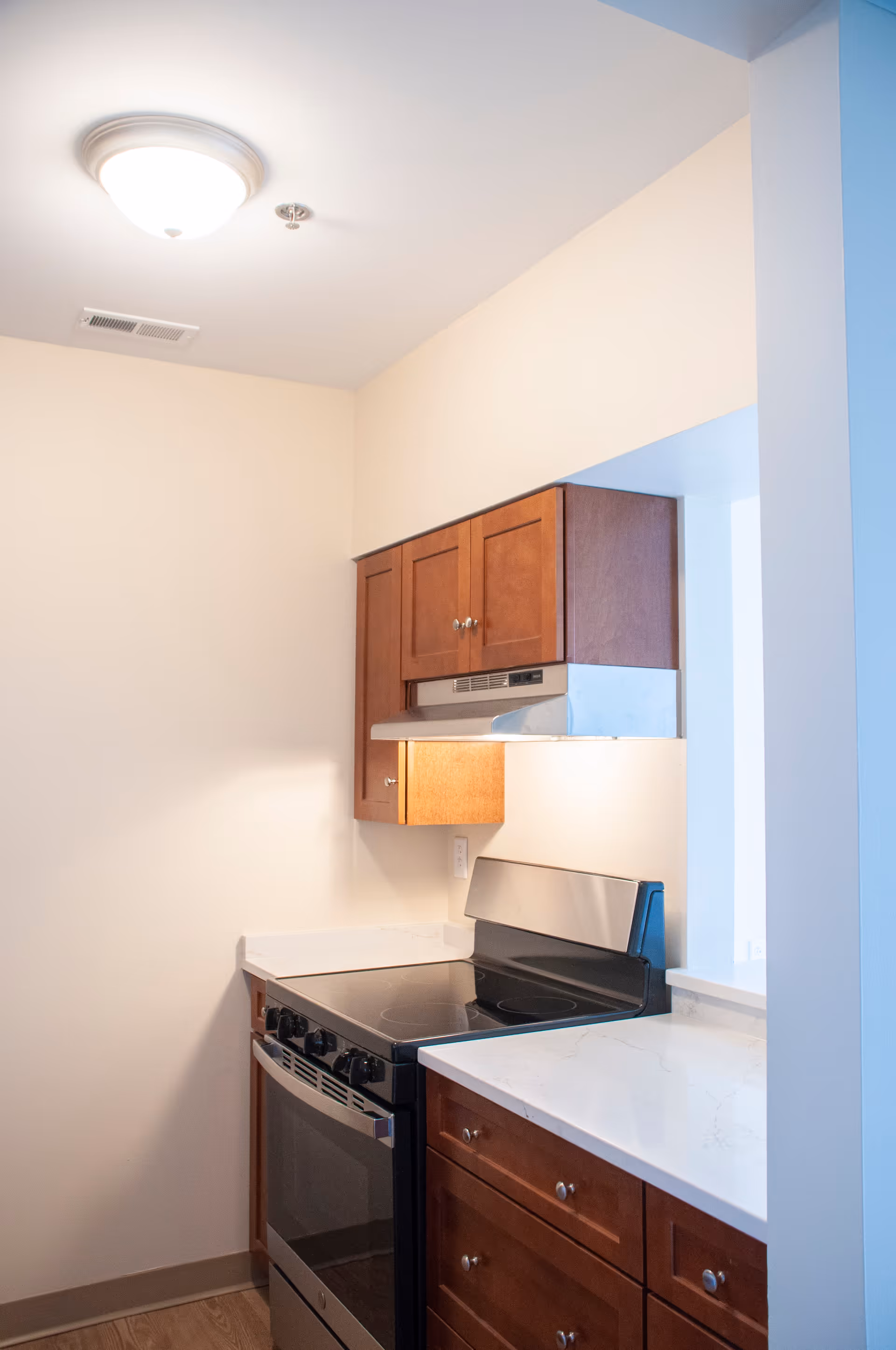 A small kitchen area with wooden cabinets, a stainless steel electric stove with an oven, a white countertop, and a range hood. The walls are light-colored, and there is a ceiling light fixture.