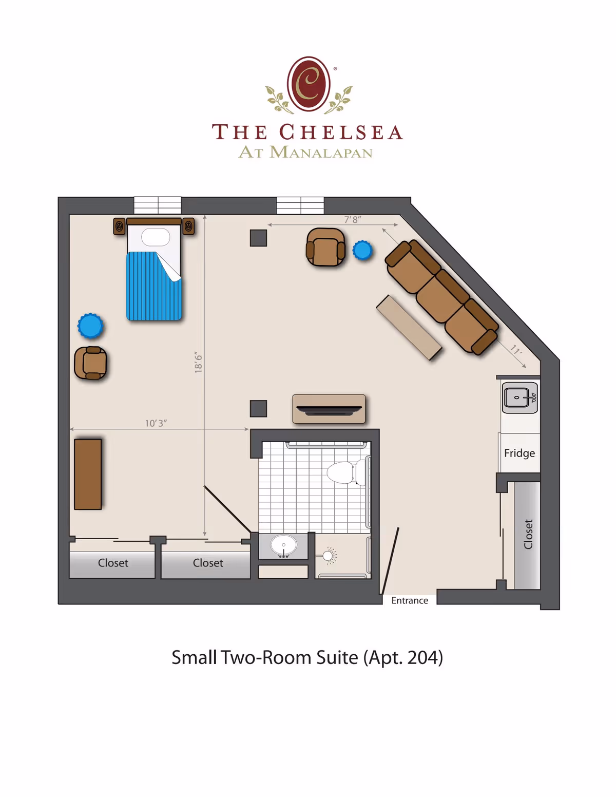Floor plan of a small two-room suite (Apartment 204) at The Chelsea at Manalapan, showing a bedroom with a bed, two chairs, and two closets; a living area with a sofa, chair, coffee table, and TV; a bathroom with a toilet, sink, and shower; and a kitchenette area with a fridge, sink, and closet near the entrance.