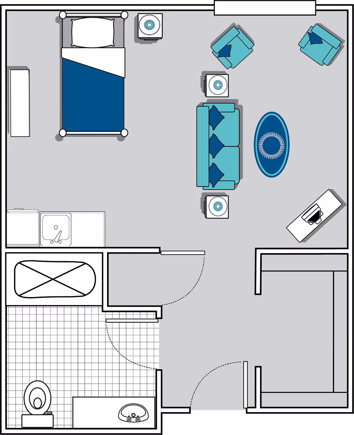 Floor plan of a senior living unit at Oaks at Dalton showing a combined living and bedroom area with a bed, nightstands, a sofa, two armchairs, a coffee table, and a desk. The unit also includes a bathroom with a bathtub, toilet, and sink, and a small kitchenette area with a sink.