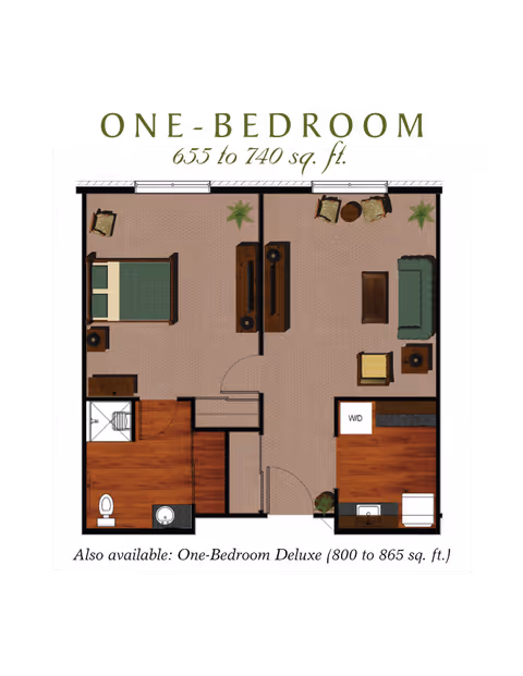 Floor plan of a one-bedroom apartment showing a bedroom with a bed and chair, a living room with sofa, chairs, coffee table, and TV stand, a kitchen area with appliances, and a bathroom with toilet and sink. The layout includes wood flooring in the kitchen and bathroom areas and carpet in the living and bedroom areas.