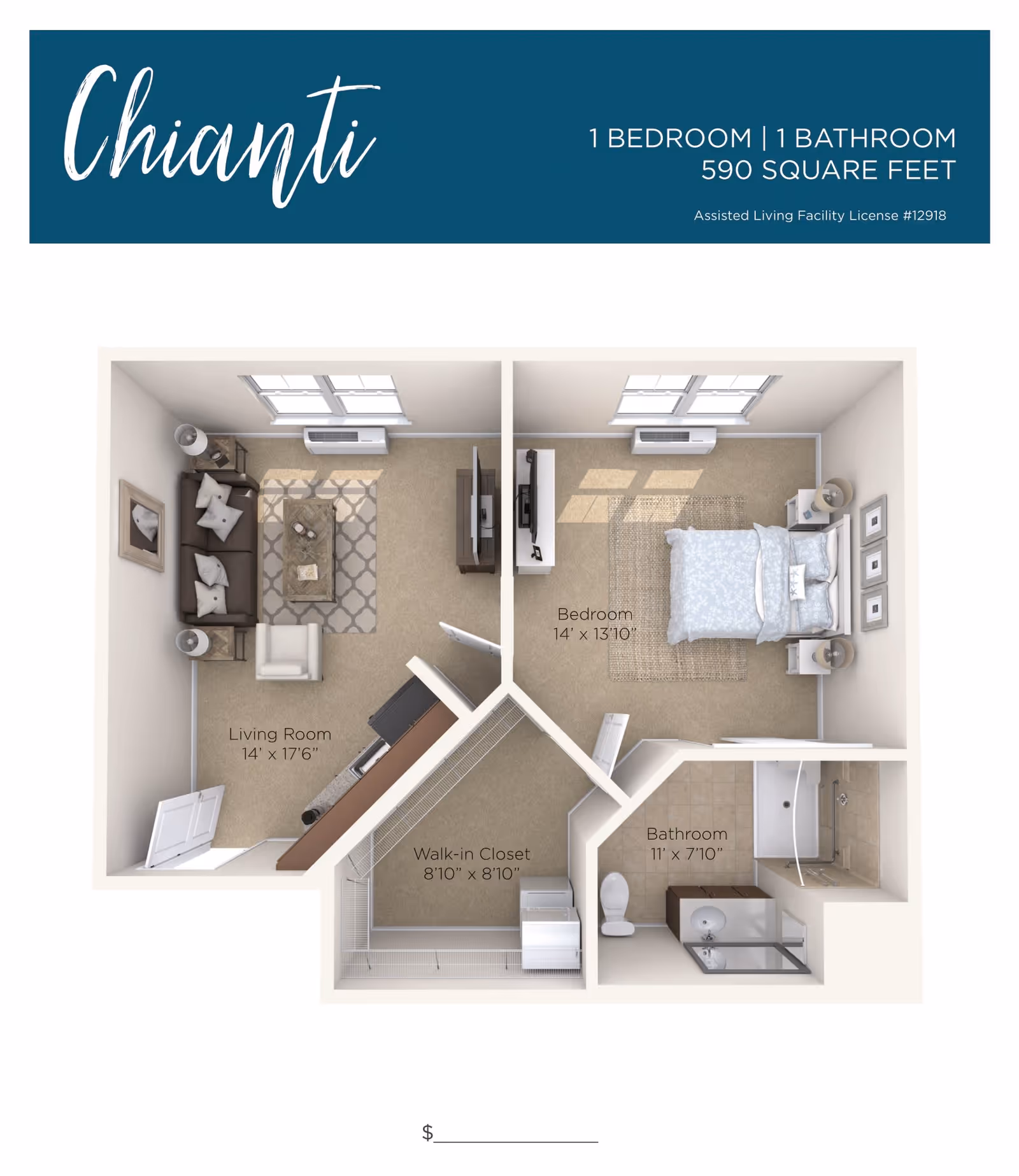 3D floor plan of a one-bedroom, one-bathroom assisted living apartment named Chianti, featuring a living room with sofa, armchair, coffee table, and TV, a bedroom with a bed and nightstands, a walk-in closet, and a bathroom with a toilet, sink, and shower.