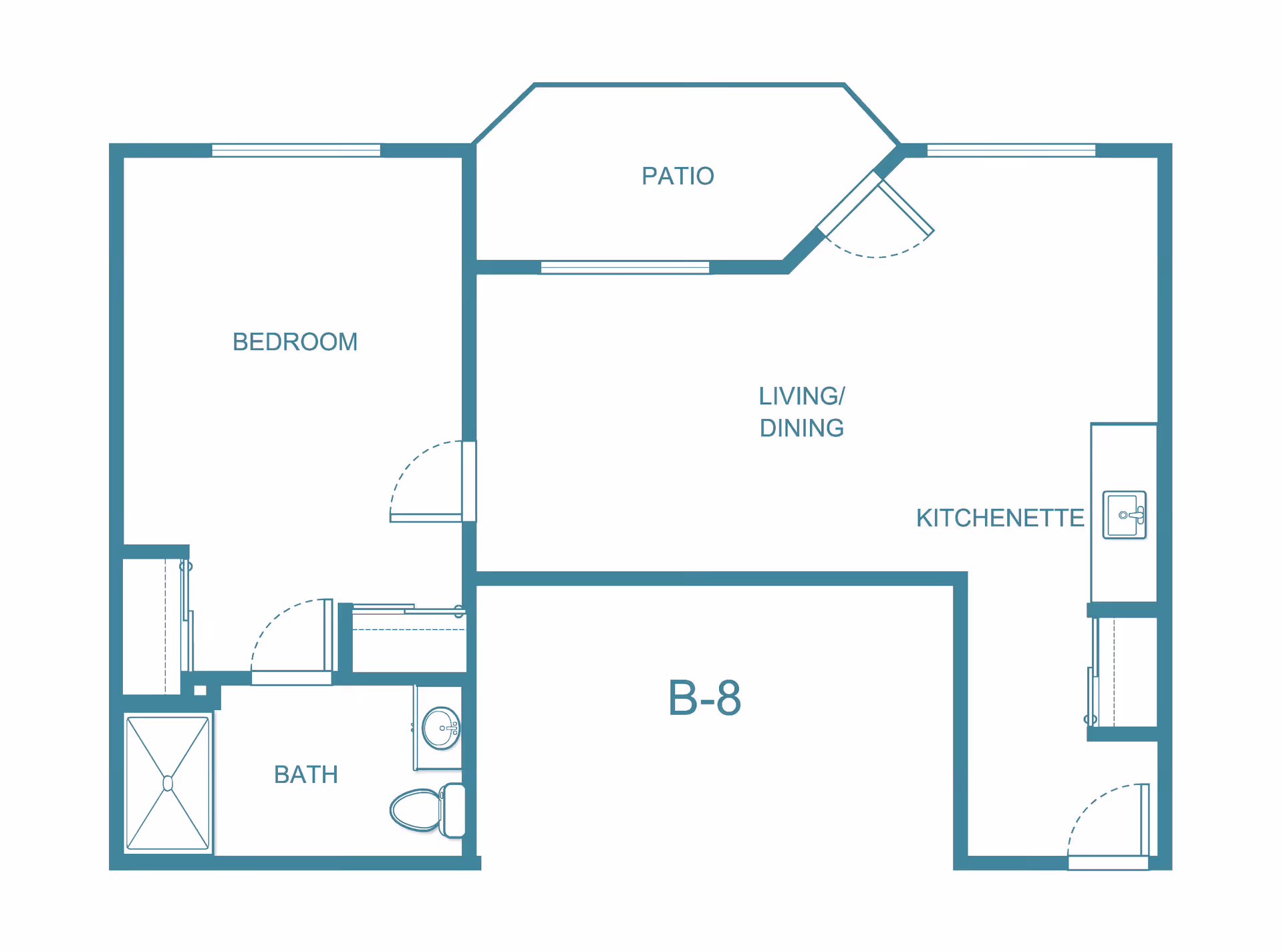 Floor plan of a living space labeled B-8 at Holiday Rock Creek, showing a bedroom, bathroom, living/dining area, kitchenette, and a patio.