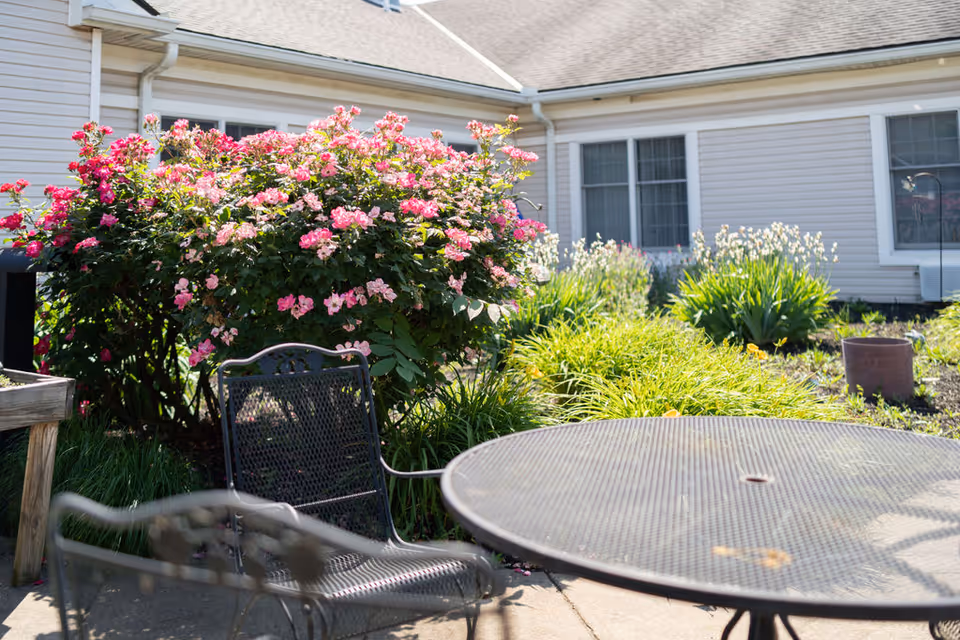 Outdoor patio area with metal table and chairs surrounded by blooming pink flowers and green plants, adjacent to a light-colored building with windows.