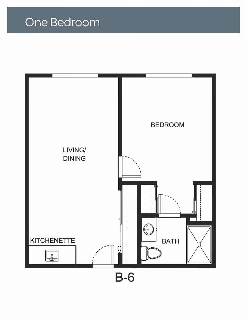 Floor plan layout of a one-bedroom unit labeled B-6, showing a living/dining area, kitchenette, bedroom, and bathroom with a sink, toilet, and shower.