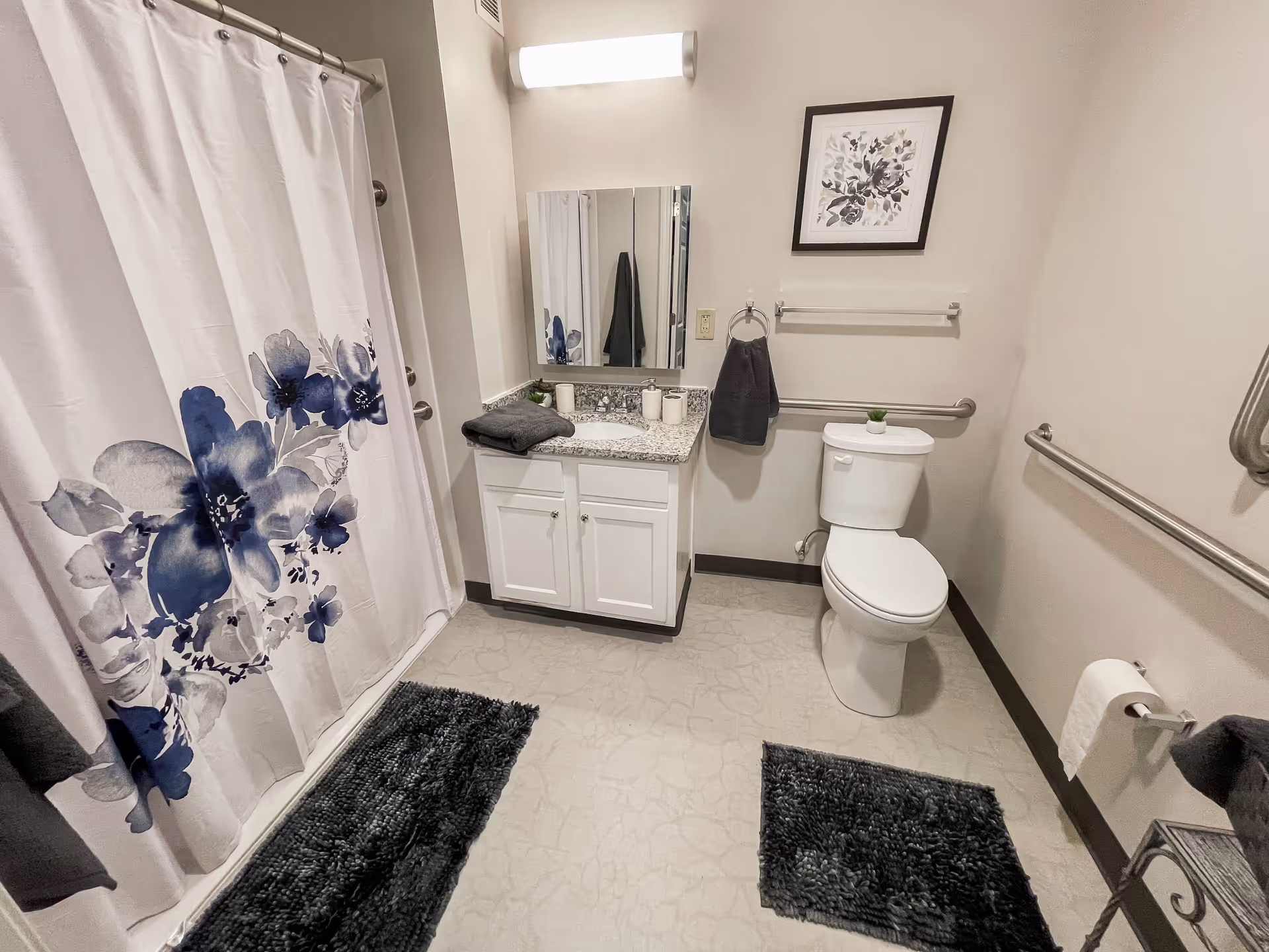 A clean and accessible bathroom with a white toilet, a white vanity with a granite countertop, a mirror above the sink, and a shower with a white curtain featuring blue and gray floral designs. The bathroom has grab bars near the toilet and along the wall, two dark gray bath mats on the floor, and a framed floral artwork on the wall above the toilet.