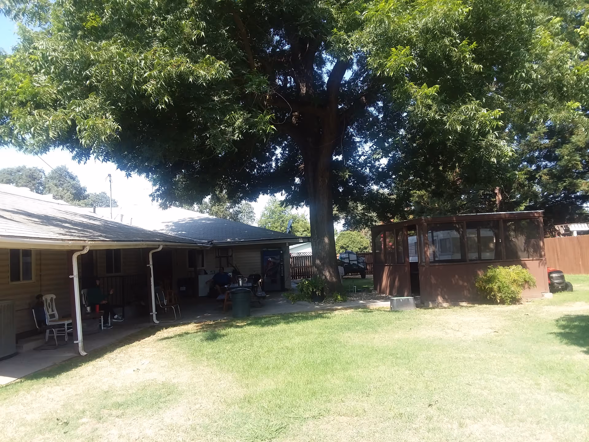 Outdoor view of a senior living facility yard with a large tree providing shade. There is a covered porch area attached to a building on the left with chairs and people sitting. On the right, there is a brown screened gazebo structure. The area is grassy with some bushes and a wooden fence in the background.