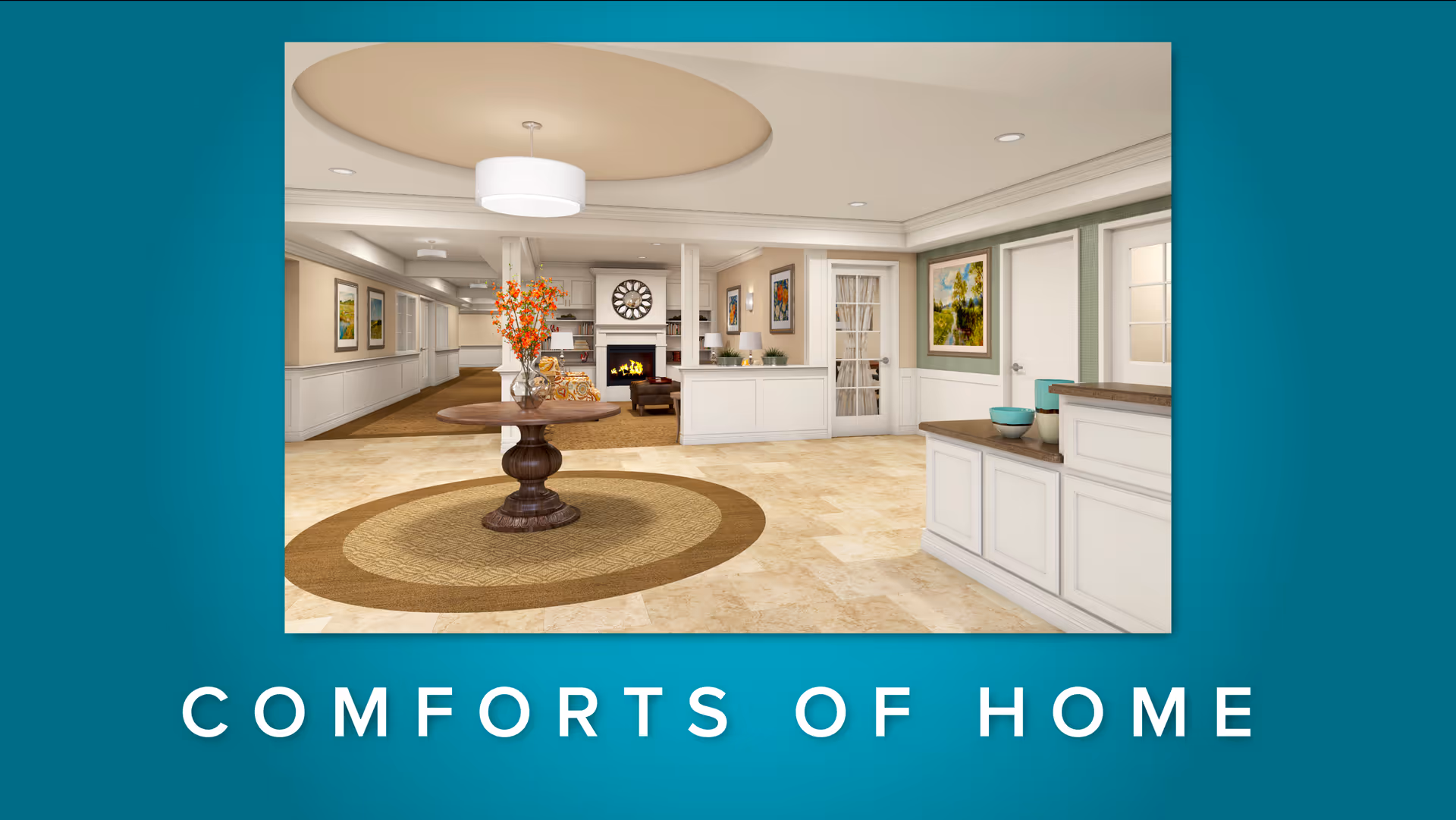 A bright and welcoming senior living facility interior featuring a round wooden table with a vase of orange flowers in the center of a circular rug. The space includes a cozy sitting area with a fireplace, armchairs, and framed artwork on the walls. The flooring is light-colored tile, and the ceiling has a recessed circular design with a modern light fixture.