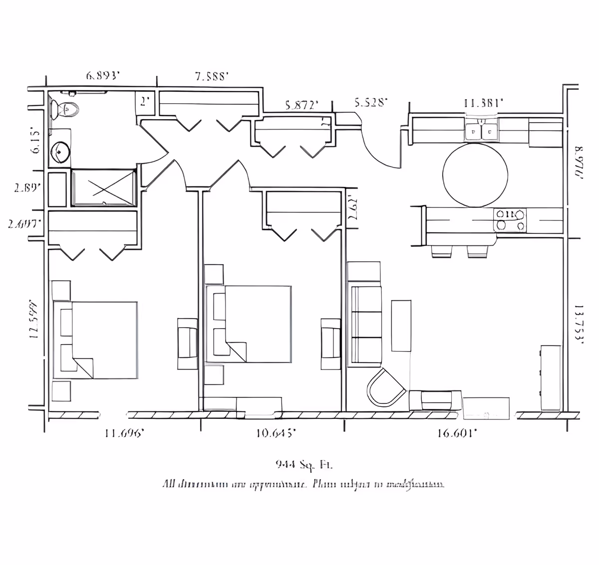 Architectural floor plan of a residential unit showing two bedrooms, a bathroom, a kitchen with a round dining table, and a living room area with furniture layout and measurements.