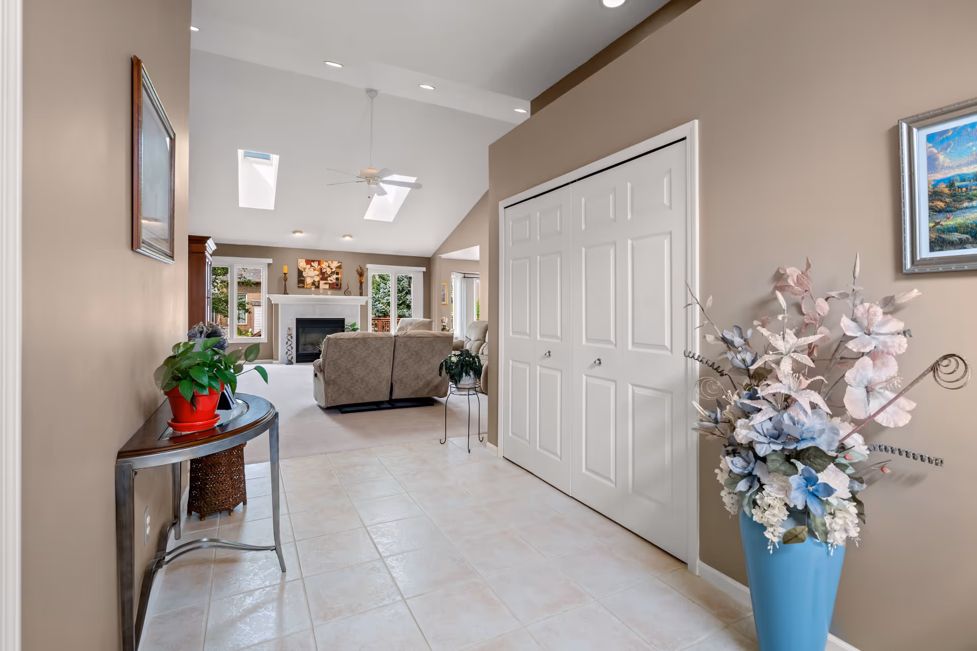 Foyer leading into a bright living room with skylights, a fireplace, a sofa, and decorative plants.