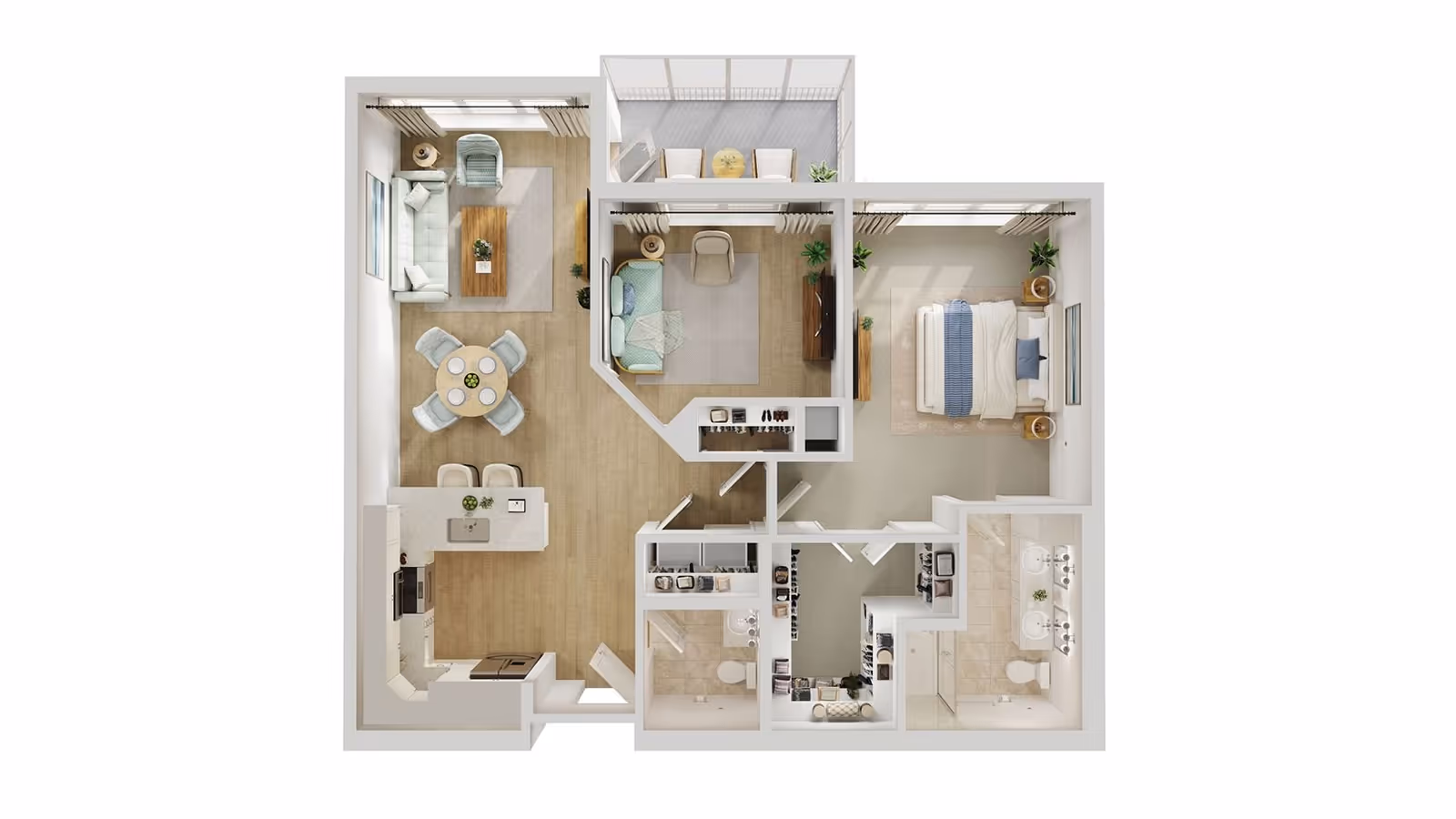 Top-down view of a senior living community apartment floor plan featuring a bedroom with a bed, two nightstands, and plants; a living room with a sofa, armchair, coffee table, and TV; a dining area with a round table and four chairs; a kitchen with appliances and a counter with two stools; two bathrooms with sinks, toilets, and showers; a walk-in closet; and a balcony with two chairs and a small table.