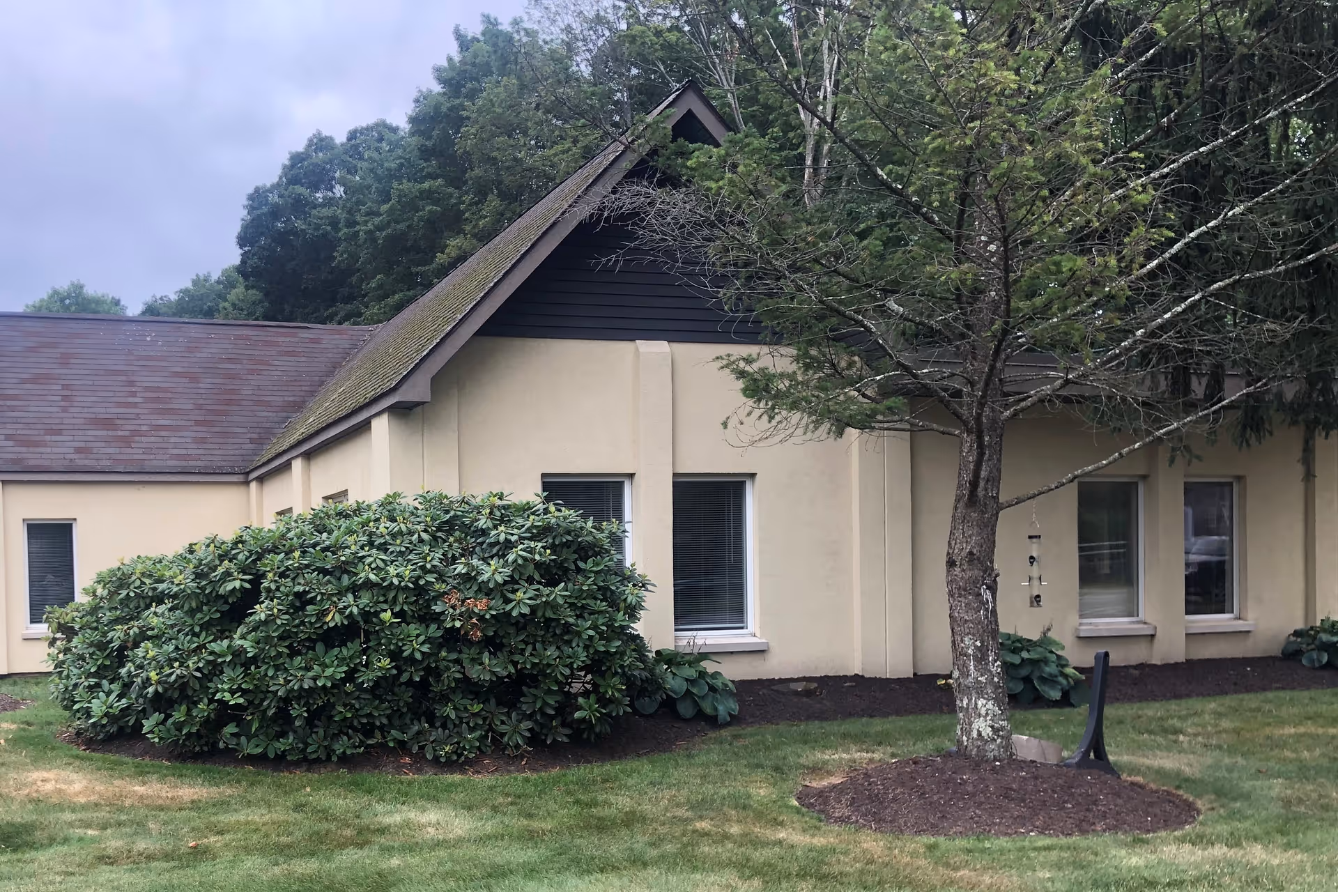Exterior view of a beige building with a sloped roof, surrounded by green bushes and a tree in the foreground, under a cloudy sky.