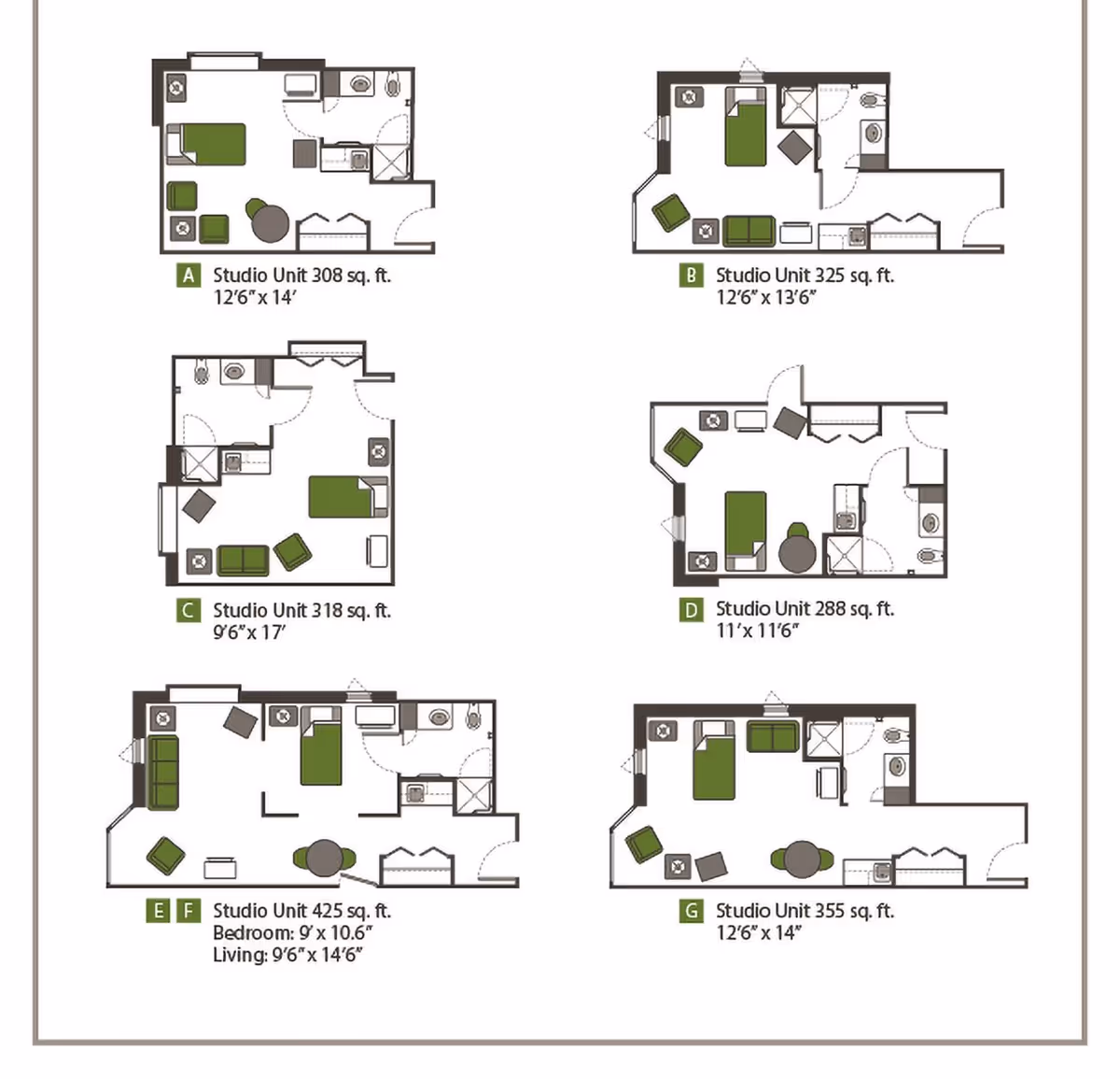 Floor plans of seven different studio units at Heritage Pointe of Huntington, each showing layout with furniture placement including beds, chairs, tables, kitchenettes, and bathrooms. The units vary in size from 288 to 425 square feet with dimensions provided for each.