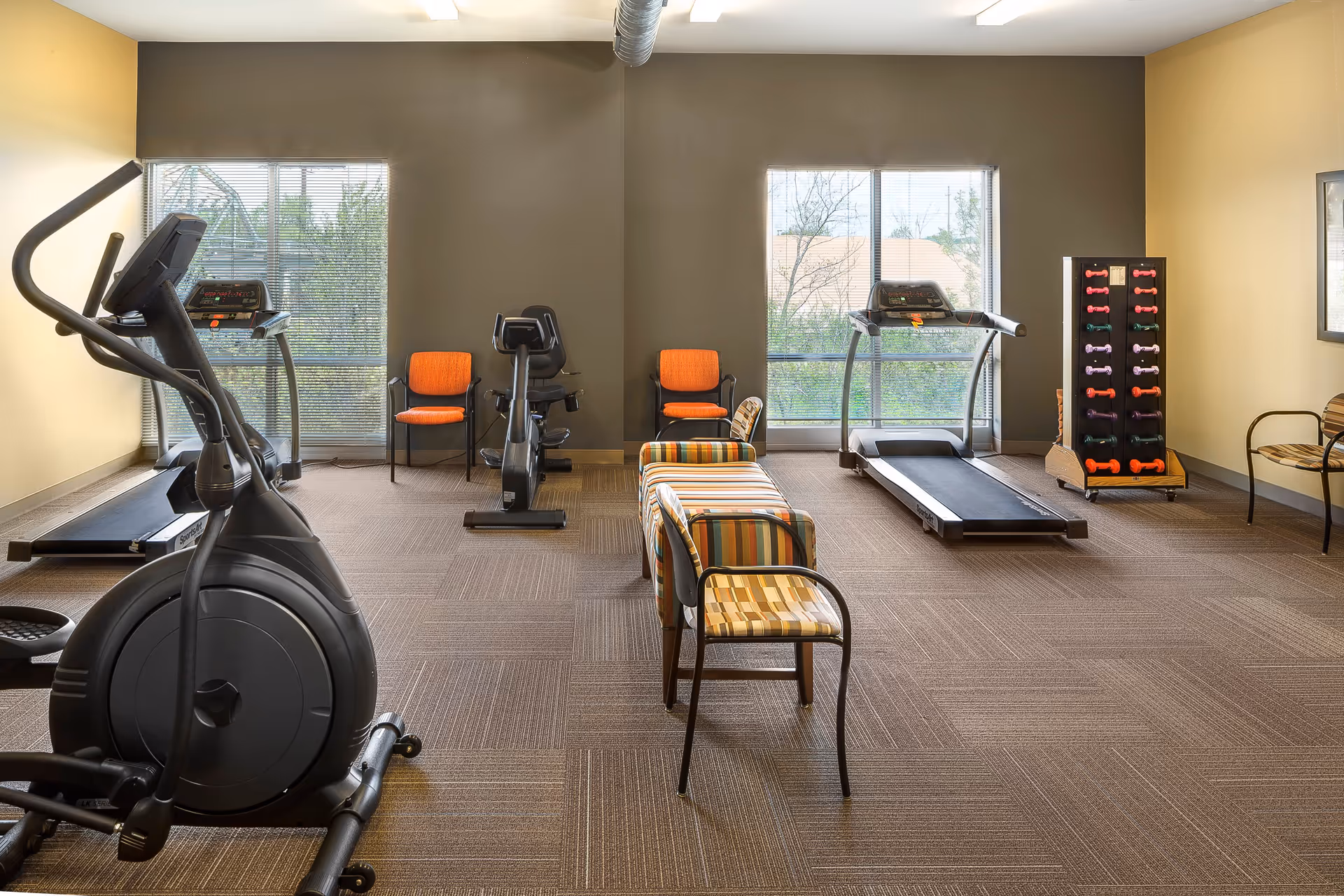 A well-lit fitness room with exercise equipment including an elliptical machine, stationary bike, and treadmill. There are two windows letting in natural light, several chairs with orange and striped cushions, and a rack holding colorful dumbbells.