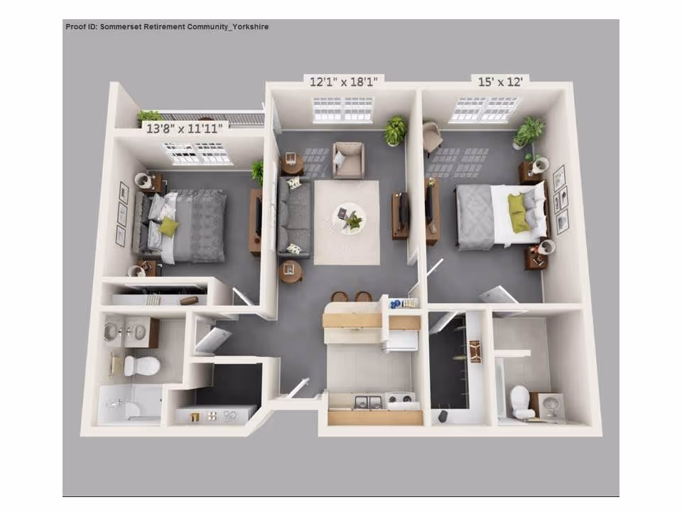 3D floor plan of a two-bedroom apartment at Sommerset Retirement Community. The layout includes two bedrooms with beds and nightstands, a living room with sofa, armchair, coffee table, and TV, a kitchen with appliances and a breakfast bar with stools, and two bathrooms with sinks, toilets, and a shower. Room dimensions are labeled: left bedroom 13'8" x 11'11", living room 12'1" x 18'1", right bedroom 15' x 12'.