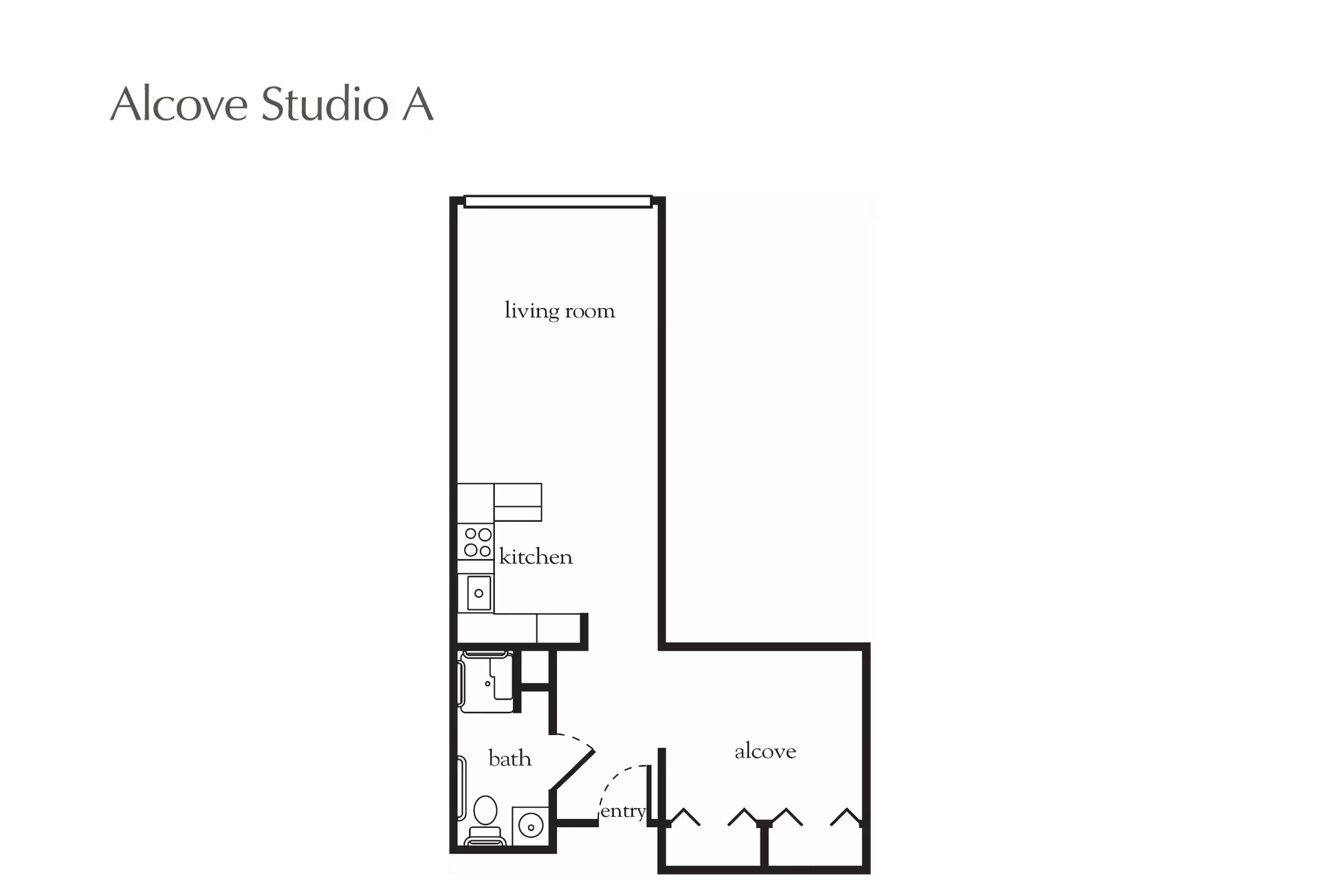 Floor plan labeled Alcove Studio A showing a layout with a living room, kitchen, bath, entry, and alcove area.
