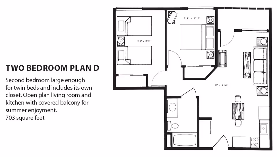 Floor plan of a two-bedroom apartment labeled Plan D, showing two bedrooms, a bathroom, an open living room and kitchen area, and a covered balcony. The second bedroom is large enough for twin beds and includes its own closet. The total area is 703 square feet.