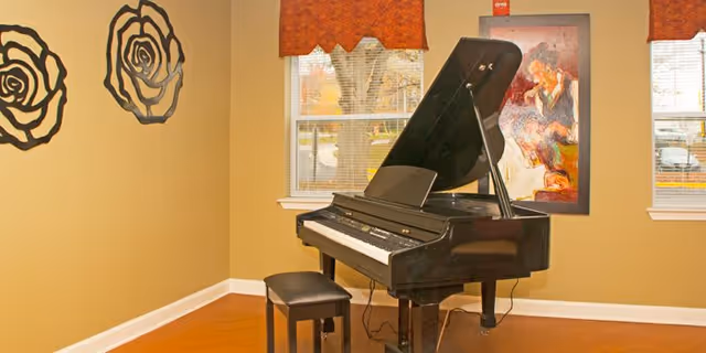 Black grand piano and bench in a warmly painted room with two windows, wall art, and hardwood floors.