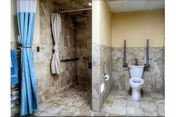 Accessible bathroom with a tiled walk-in shower with curtain and grab bars and a toilet with mounted grab bars separated by a half wall.