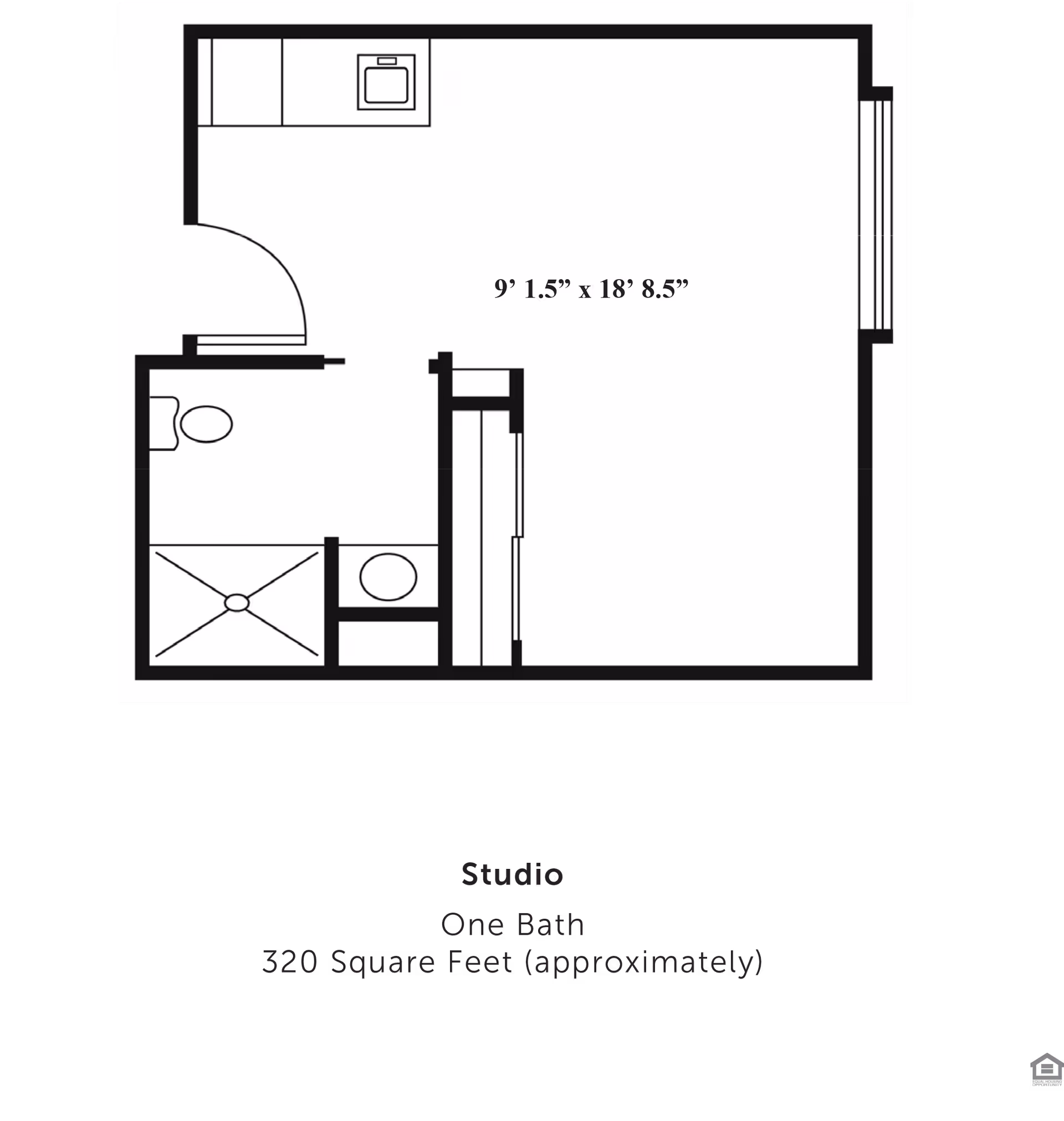 Floor plan of a studio apartment with one bathroom, approximately 320 square feet. The layout includes a bathroom with a toilet, shower, and sink, a kitchenette area, and a main living space measuring 9 feet 1.5 inches by 18 feet 8.5 inches.