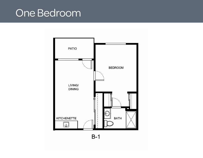 Floor plan of a one-bedroom apartment labeled B-1, showing a patio, living/dining area with kitchenette, bedroom, and bathroom.