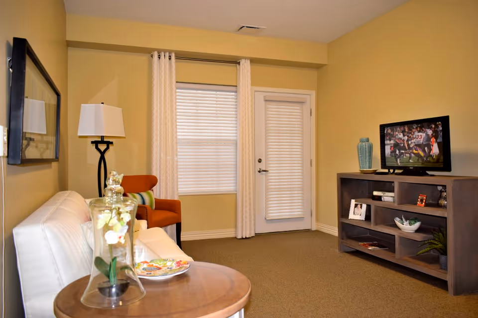Cozy living room with a white sofa and side table, an orange armchair, a TV on a wooden console, and a door with blinds.