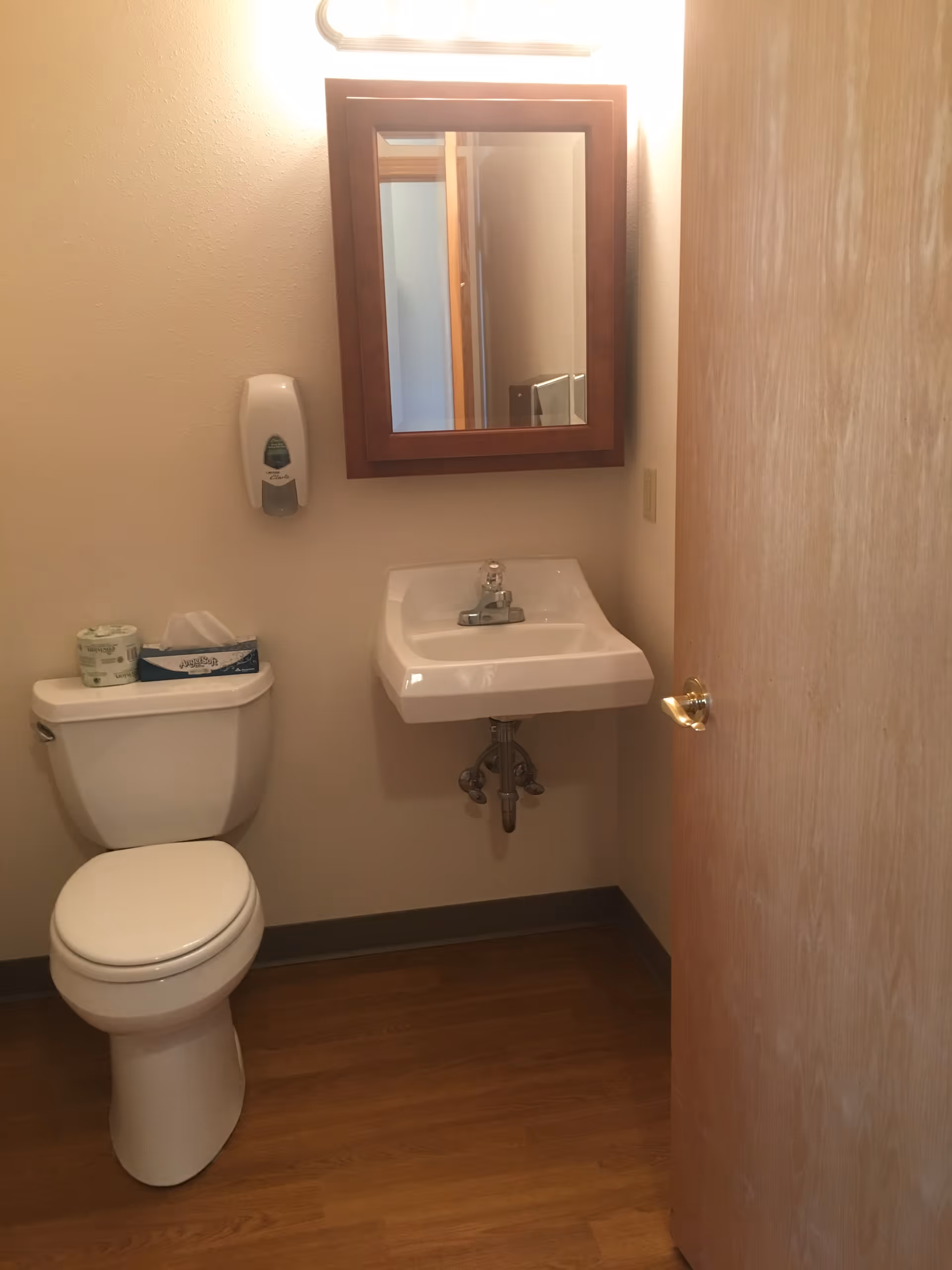Small bathroom with a toilet, wall-mounted sink, mirror cabinet, soap dispenser, and wood-look floor.