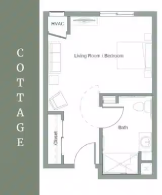 Floor plan labeled 'Cottage' showing a combined living room/bedroom area with closet and HVAC and a separate bathroom.