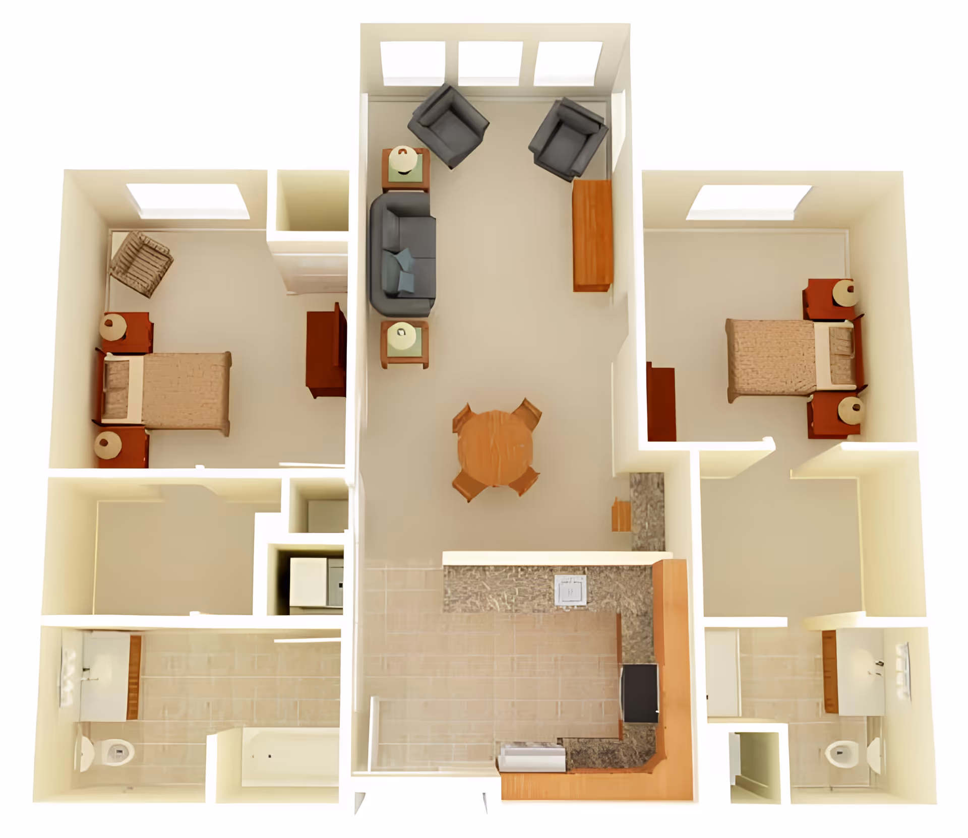 3D floor plan of a senior living apartment featuring two bedrooms, two bathrooms, a kitchen with appliances and countertops, a dining area with a round table and four chairs, and a living room with a sofa, two armchairs, side tables with lamps, and a TV stand. The layout shows windows in the living room and bedrooms providing natural light.