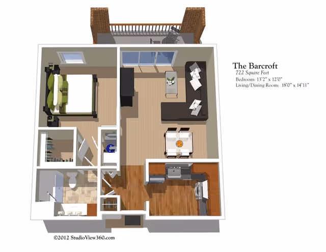 3D floor plan of The Barcroft apartment at The Fairfax at Belvoir Woods showing a one-bedroom layout with a bedroom, bathroom, kitchen, living and dining area, and a balcony.