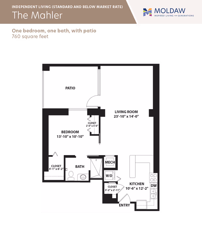 Black-and-white floor plan titled "The Mahler" for a one-bedroom, one-bath apartment with a patio and labeled rooms and dimensions.