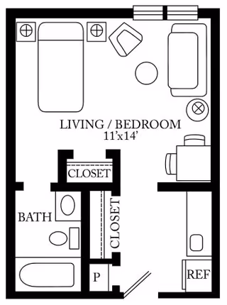 Black and white floor plan of a senior living unit labeled Sandia Vista Senior Living, showing a combined living and bedroom area measuring 11 by 14 feet, with a bed, chair, sofa, table, and desk. The plan also includes a bathroom with a bathtub, toilet, and sink, two closets, and a kitchen area with a refrigerator.