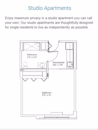 Floor plan of a studio apartment at The Brielle showing a bathroom measuring 7 feet 5 inches by 5 feet 3 inches, a kitchenette measuring 4 feet 6 inches by 7 feet 6 inches, and a bedroom measuring 9 feet 5 inches by 15 feet. The layout includes a door entry, bathroom fixtures, kitchenette appliances, and closet space.