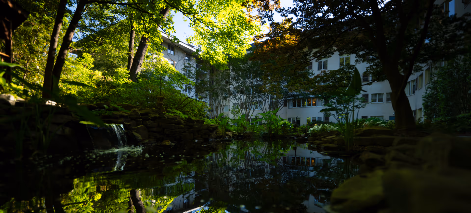 A serene outdoor garden area with a small pond and waterfall surrounded by lush green trees and plants, with a multi-story building visible in the background.