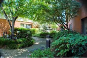 Outdoor courtyard at St. Mary's Nursing Center with trees, shrubs, and brick walls.