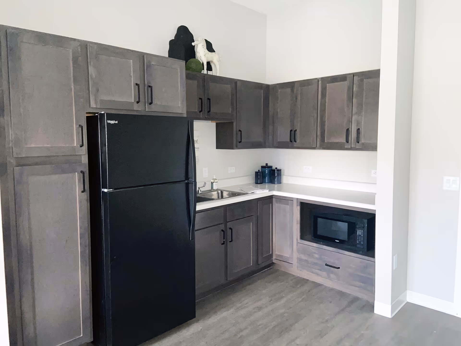 A modern kitchen with dark gray cabinets, a black refrigerator, a built-in microwave, a sink with a soap dispenser, and three blue canisters on the countertop. The floor is wood-style, and there are decorative dog figurines on top of the cabinets.
