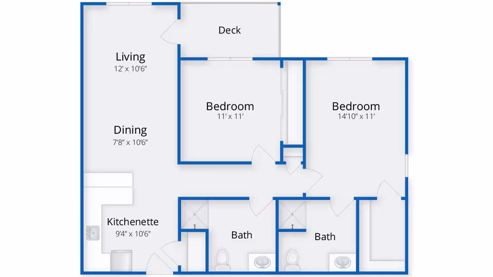 Floor plan of a living space at The Village at Kensington Place showing two bedrooms, two bathrooms, a living and dining area, a kitchenette, and a deck. The living area measures 12 feet by 10 feet 6 inches, the dining area 7 feet 8 inches by 10 feet 6 inches, the kitchenette 9 feet 4 inches by 10 feet 6 inches. One bedroom measures 11 feet by 11 feet, and the other bedroom measures 14 feet 10 inches by 11 feet. Two bathrooms are located near the bedrooms.