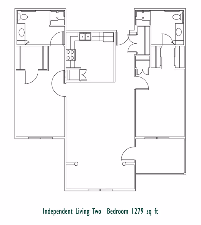 Architectural floor plan of an independent living two-bedroom apartment with a total area of 1279 square feet. The layout includes two bedrooms, two bathrooms, a kitchen with a stove and sink, and a central living area.