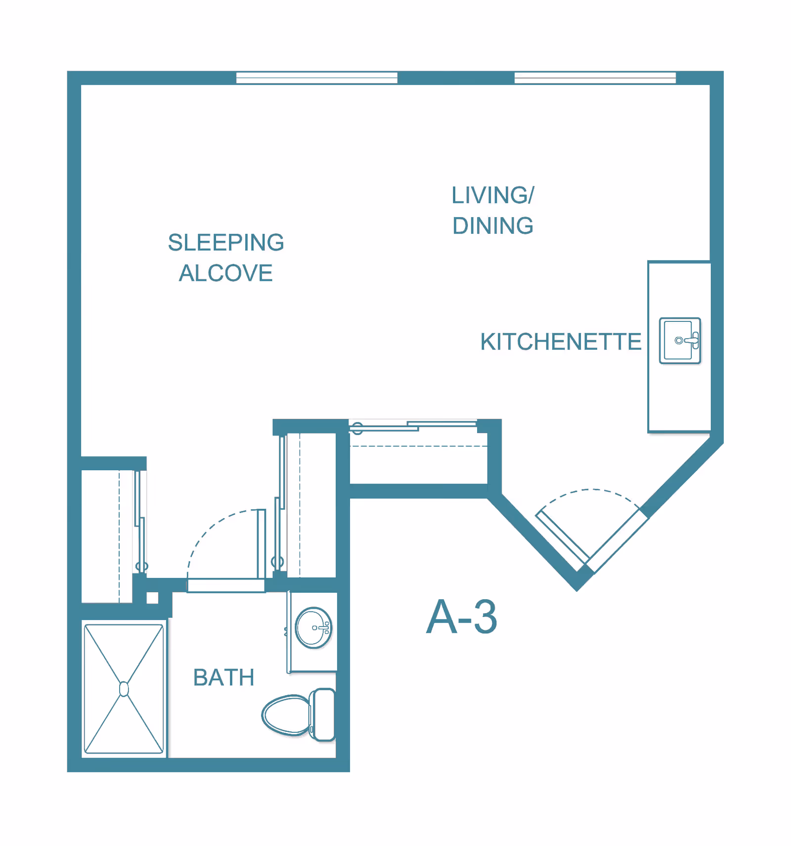 Architectural floor plan of a studio apartment labeled A-3 at Holiday Rock Creek, showing a sleeping alcove, living/dining area, kitchenette, and a bathroom with a shower, toilet, and sink.