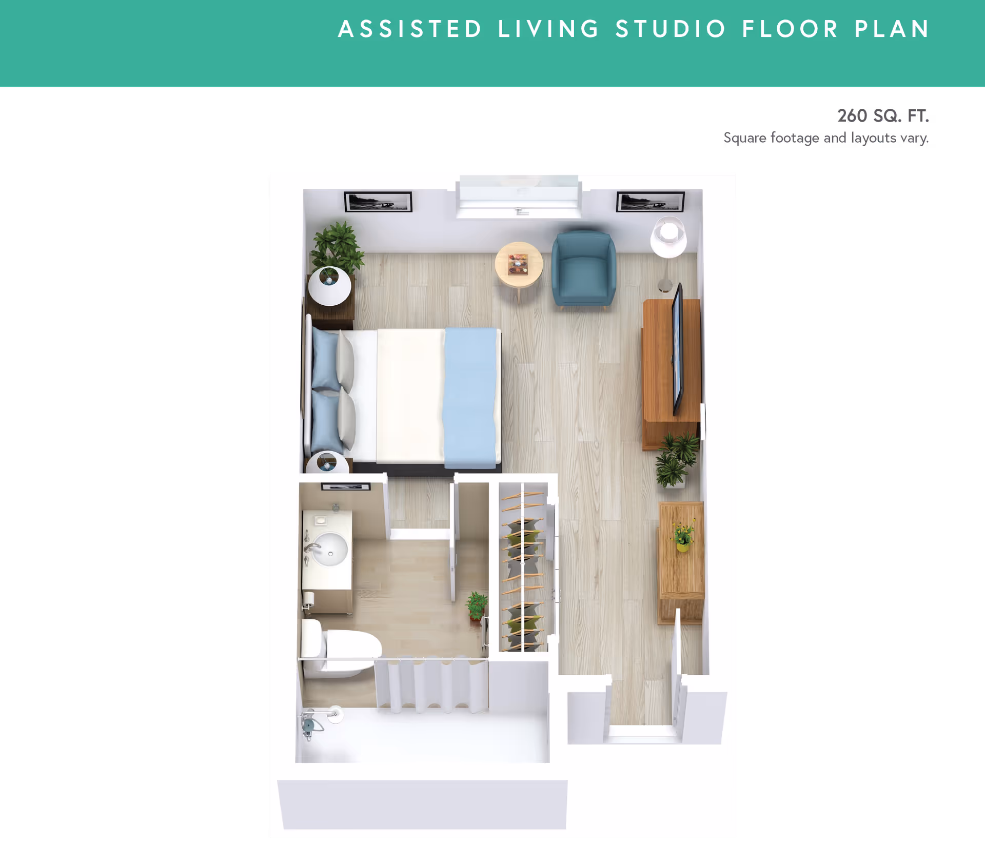 Floor plan of an assisted living studio apartment showing a combined living and sleeping area with a bed, armchair, side tables, TV on a stand, and plants. The layout includes a bathroom with a sink, toilet, and shower, as well as a closet space. The total area is 260 square feet.