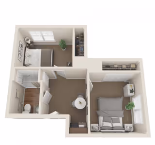 3D floor plan of an assisted living apartment showing two bedrooms, a bathroom, and a small dining area with a round table and two chairs. The larger bedroom has a double bed, two nightstands, a dresser, and a plant near the window. The smaller bedroom has a single bed, a nightstand, and a plant near the window. The bathroom includes a toilet and a shower. The dining area is centrally located between the rooms.
