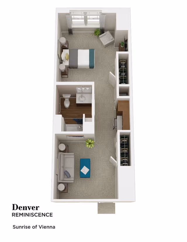 3D floor plan of a senior living apartment named Denver Reminiscence at Sunrise of Vienna, showing a layout with a living room furnished with a sofa, side tables, and a coffee table, a bedroom with a bed, nightstands, a chair, and a dresser, a bathroom with a toilet, sink, and shower, and a hallway with closets and a small desk area.