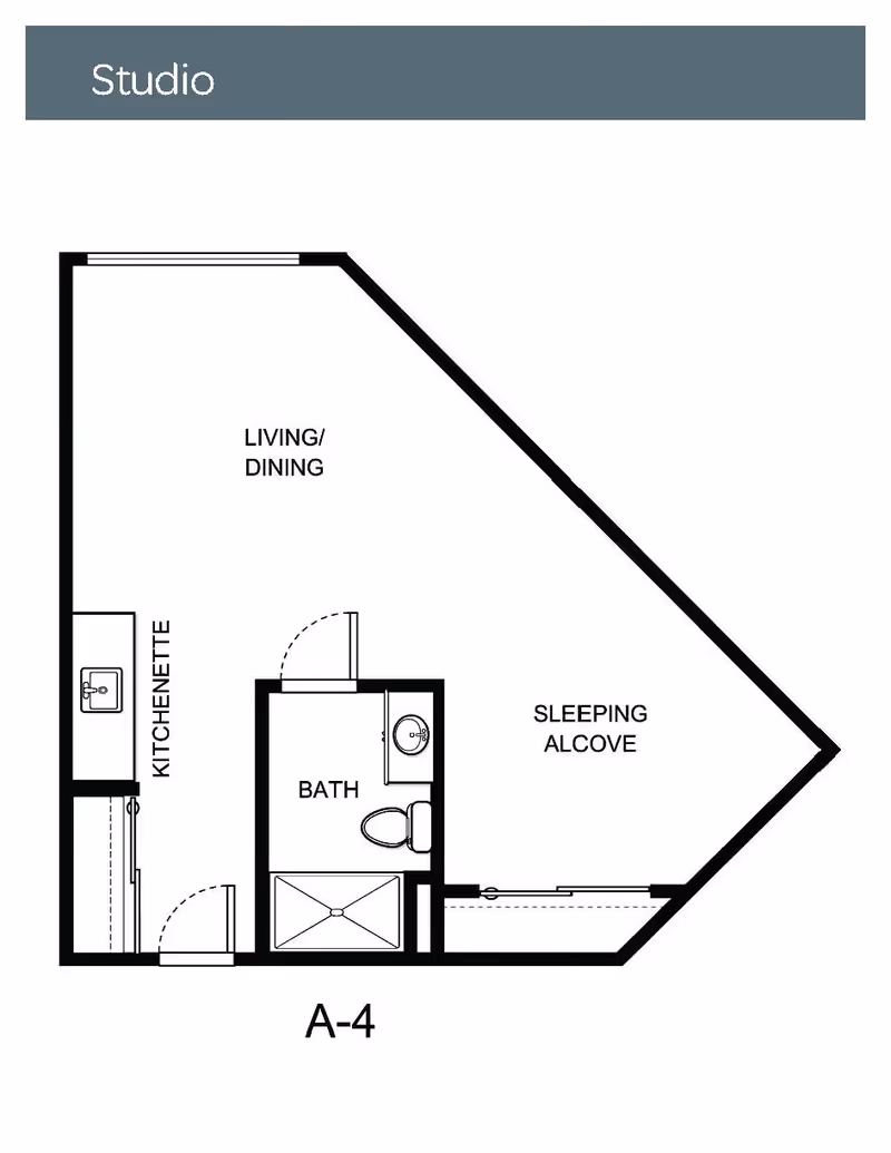 Floor plan labeled Studio A-4 showing a kitchenette, living/dining area, bath with toilet and sink, and a sleeping alcove.