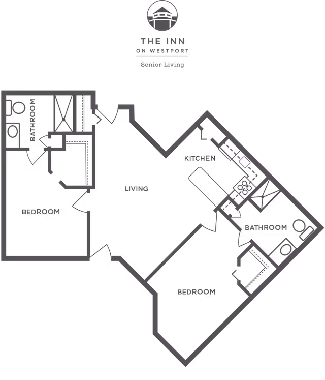 Floor plan of a senior living unit at The Inn on Westport showing two bedrooms, two bathrooms, a living area, and a kitchen.
