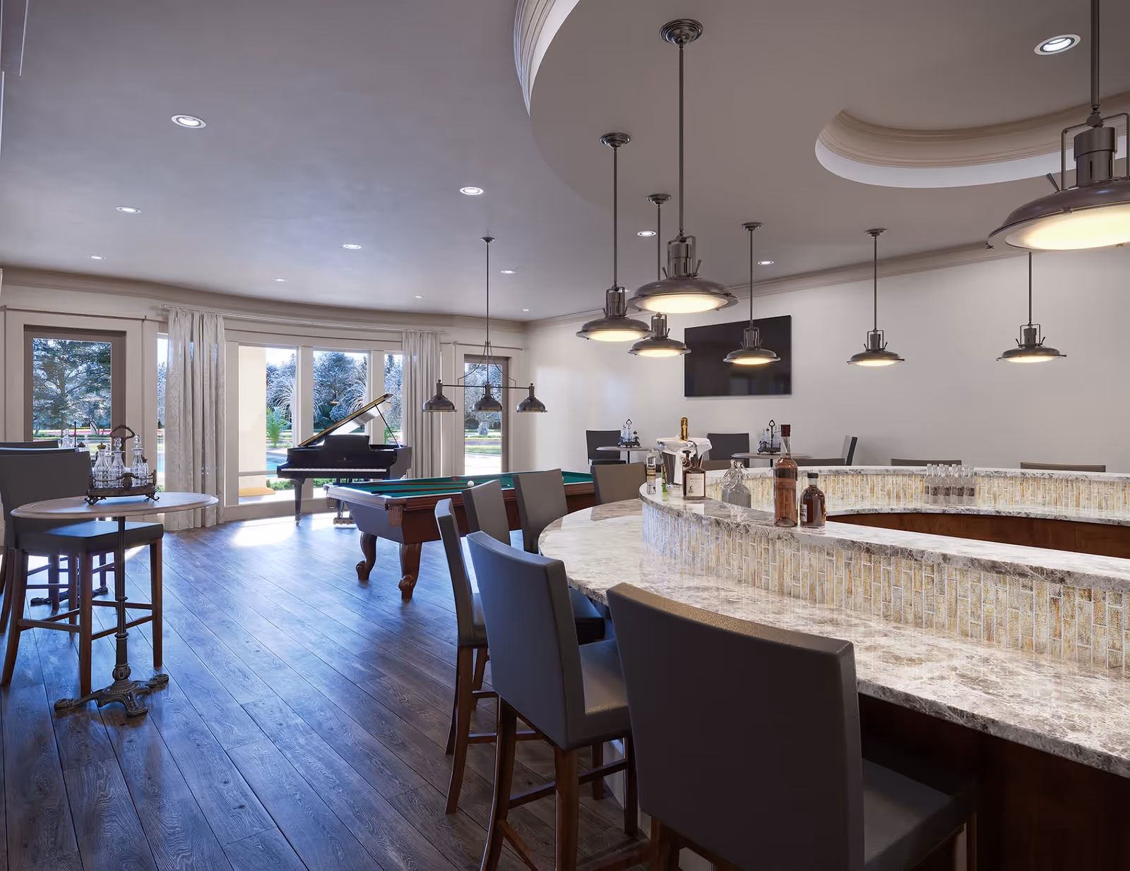 A spacious and well-lit common area featuring a curved marble bar with several chairs, a pool table, a grand piano near large windows with sheer curtains, and multiple hanging pendant lights. The room has wooden flooring and a mounted flat-screen TV on the wall.