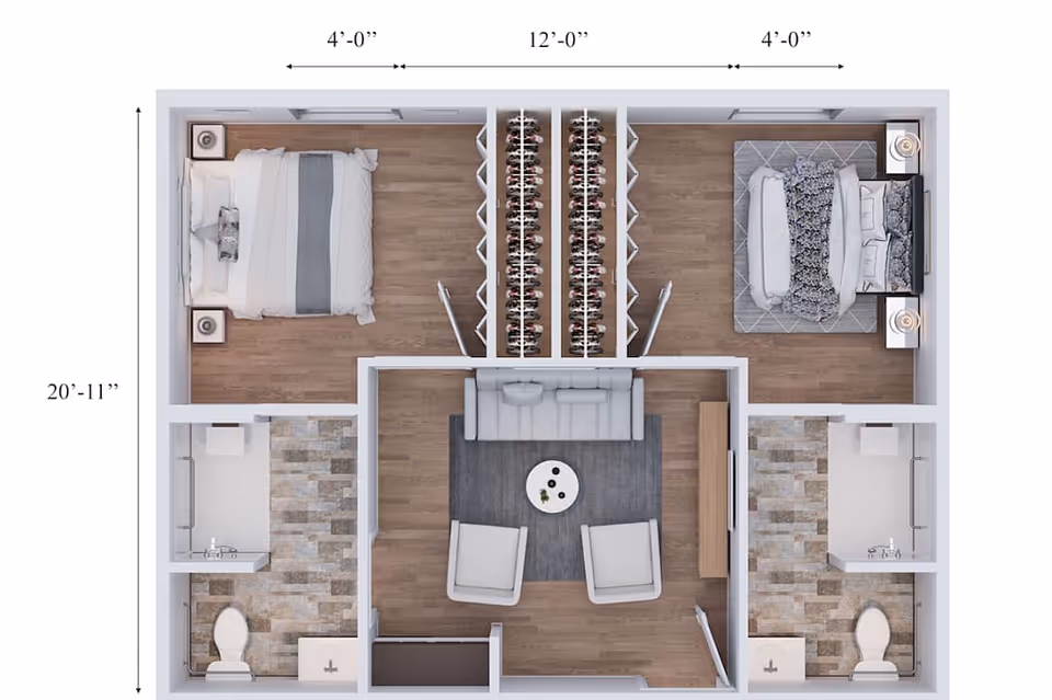 Top-down floor plan of a senior living unit showing two bedrooms, each with a bed and nightstands, two bathrooms with toilets and sinks, and a central living room area with a sofa, two chairs, and a round coffee table. There are closets between the bedrooms and measurements are indicated around the perimeter.