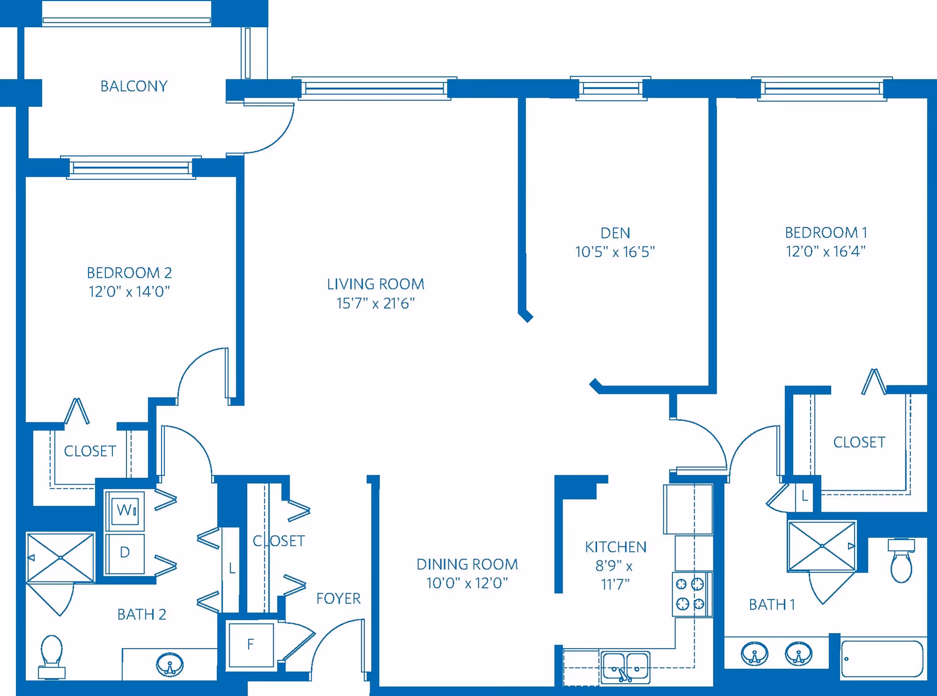 Architectural floor plan of a residential unit at Vi at Highlands Ranch featuring two bedrooms, two bathrooms, a living room, dining room, kitchen, den, foyer, closets, and a balcony.