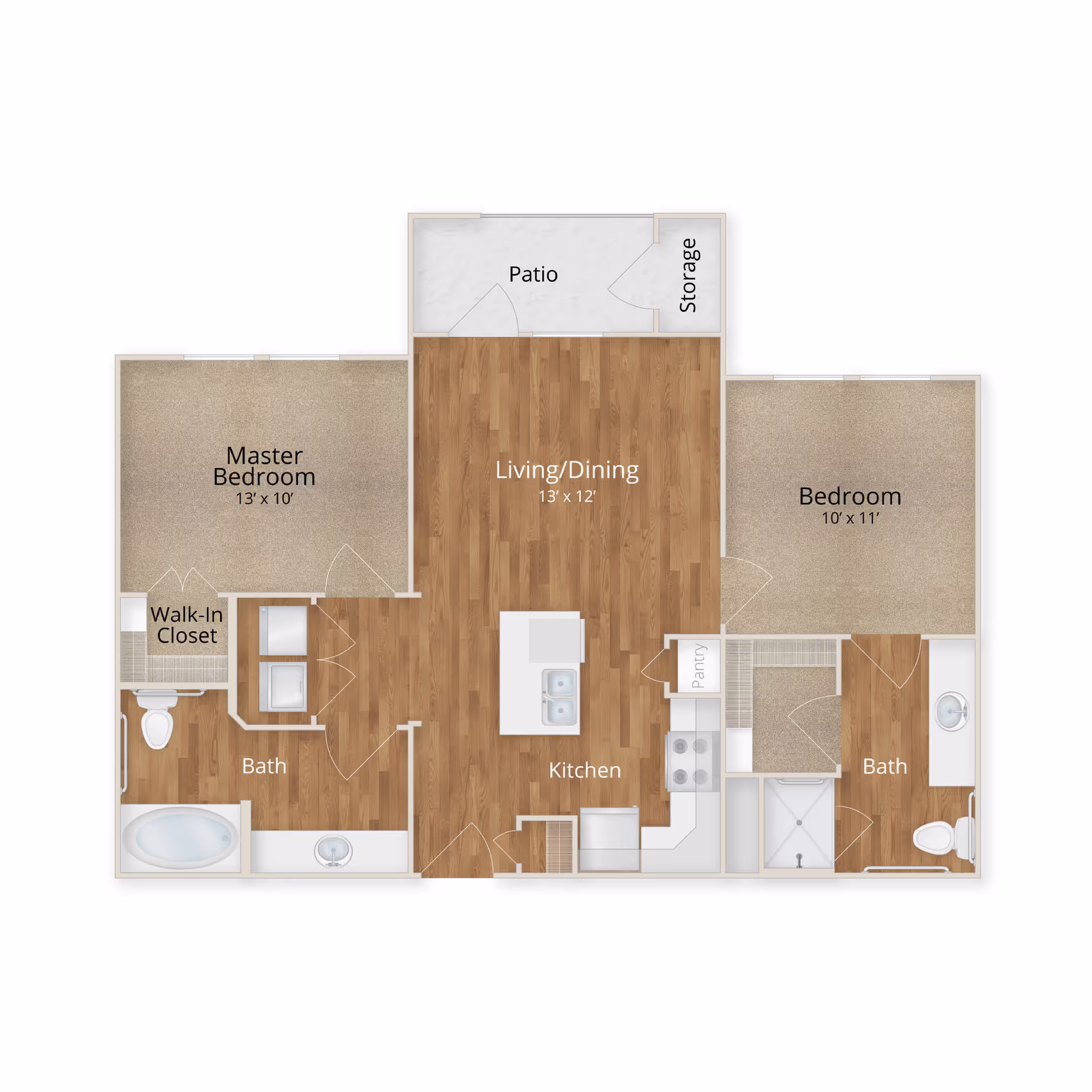 Floor plan of a two-bedroom apartment featuring a master bedroom with walk-in closet and attached bathroom, a second bedroom with adjacent bathroom, a combined living and dining area, a kitchen with an island and pantry, and a patio with storage space.