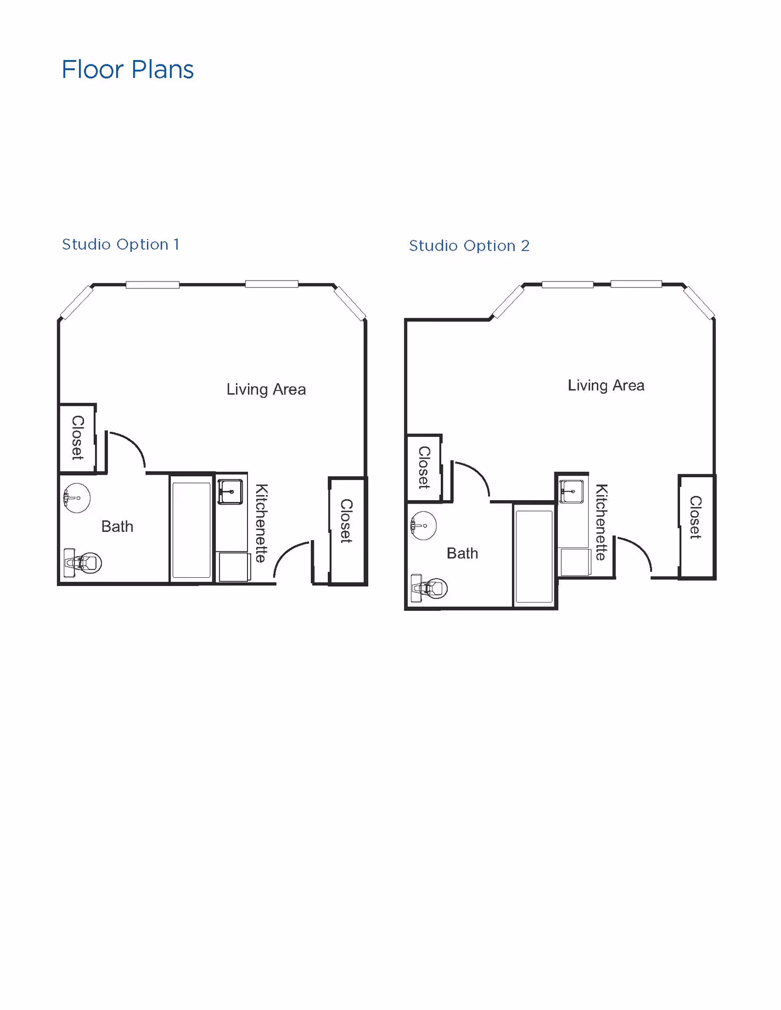 Floor plans for two studio apartment options at Brookdale Rose Valley Scappoose, each showing a living area, kitchenette, bath, and two closets. Studio Option 1 and Studio Option 2 have slightly different layouts.