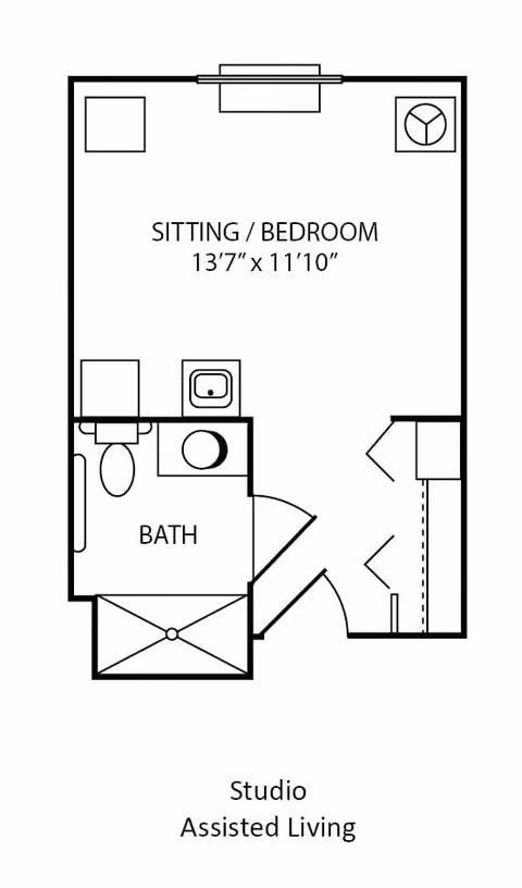 Floor plan of a studio assisted living unit at Autumn Glen, showing a sitting/bedroom area measuring 13 feet 7 inches by 11 feet 10 inches, a bathroom with a toilet, sink, and shower, and an entry area with closet space.