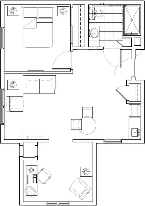 Architectural floor plan of a one-bedroom apartment featuring a bedroom with a bed and two nightstands, a bathroom with a toilet, sink, and shower, a living room with a sofa, armchair, and side tables, and an additional room with a desk, chair, and armchair.